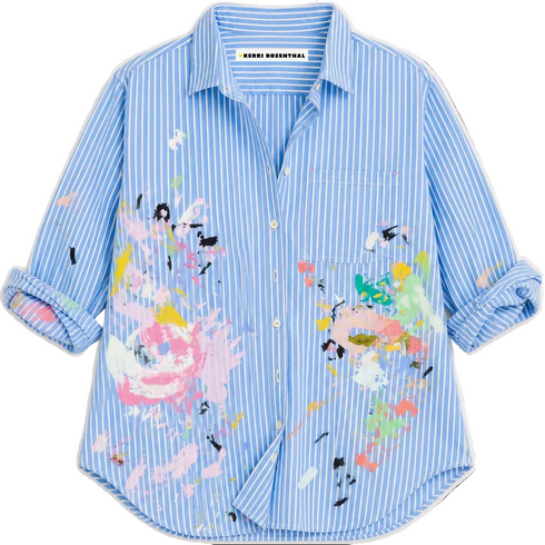 blue striped shirt with colorful art print by artist Kerri Rosenthal