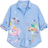 blue striped shirt with colorful art print by artist Kerri Rosenthal