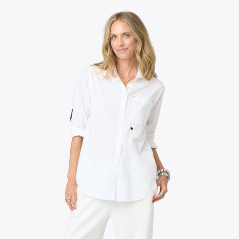 Mia long sleeve button-up cotton white shirt with black heart patch elbow sleeves - Cute women's button-up shirts by Kerri Rosenthal