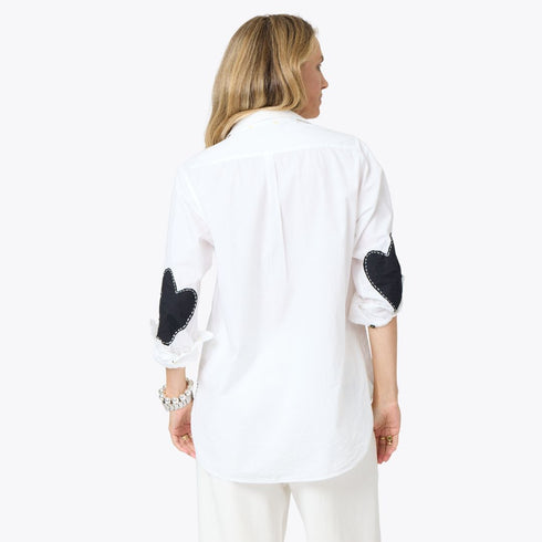 Mia long sleeve button-up white shirt made from 100% cotton with black heart patch elbow sleeves - Cute women's shirts by Kerri Rosenthal