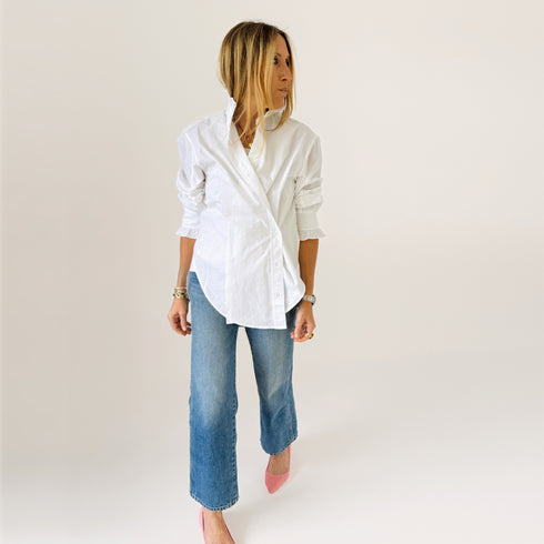 Mia ruffle button-up white shirt in 100% cotton with a tiny heart - Shop women's button-down shirts by Kerri Rosenthal