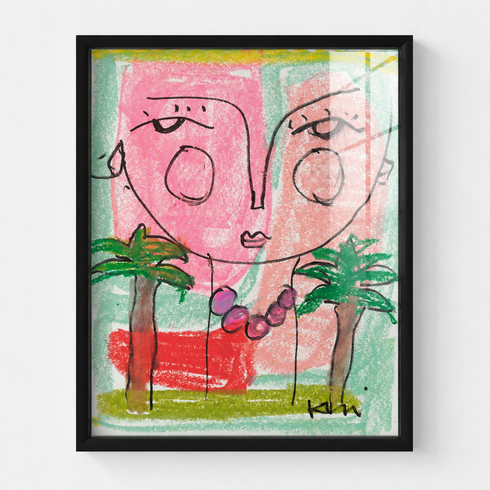Whimsical pink face portrait painting in black wood frame, playful abstract faces with palm tree details and beaded necklace accent
