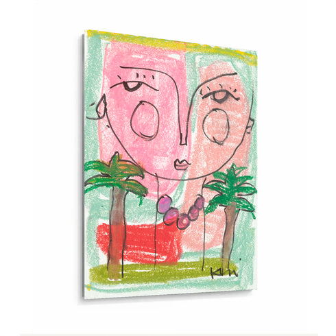 Close angled view of abstract pink face painting showing textured brushwork, line-drawn features, and palm tree details