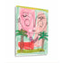 Close angled view of abstract pink face painting showing textured brushwork, line-drawn features, and palm tree details
