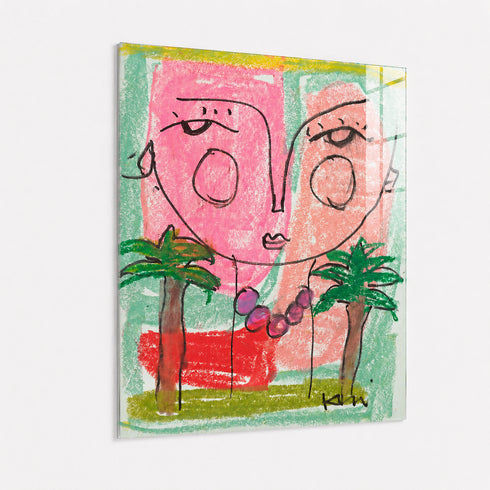 Alternate angled perspective of whimsical face portrait canvas, highlighting dimensional edge with pink and green color palette