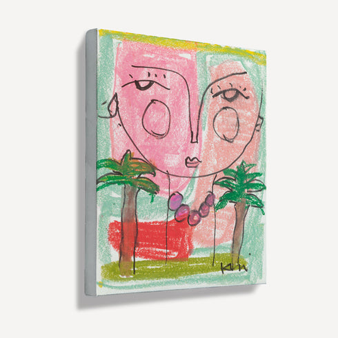 Side angle view of unframed abstract face painting, showing gallery-wrap canvas texture with pink faces and green palm tree background