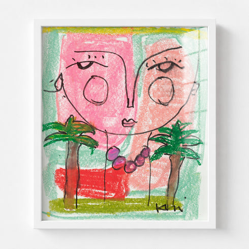 Whimsical pink face portrait painting in white wood frame, abstract line-drawn faces with palm trees and green background