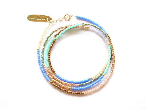 Milo wrap periwinkle bracelet made from multi-layered with glass seed beads -Japanese seed beads and cubic zirconia with an 14K gold bead