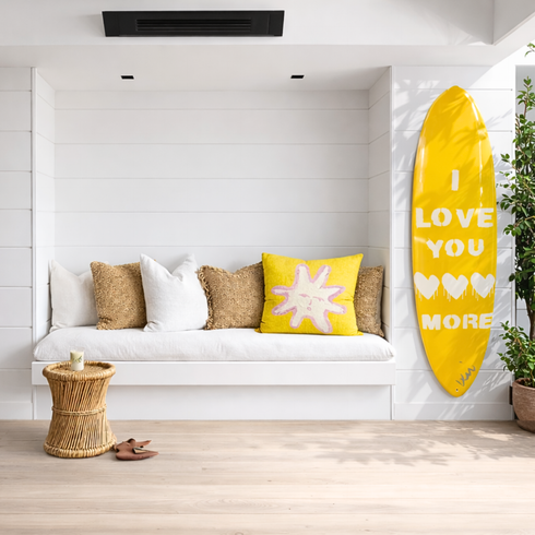 Modern wall decorative surfboards with linen throw pillows - Shop handmade surfboards by Kerri Rosenthal