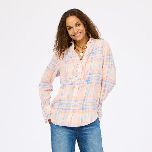 The Molly multicolor plaid flannel shirt is made from 100% cotton with a ruffle front, collar and long sleeves - Shop cute women’s shirts by Kerri Rosenthal.