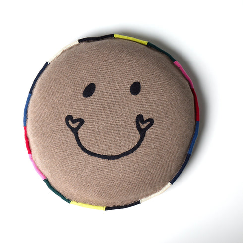 Mr. Smiley Brown Pillow - blend of cotton cashmere, multicolor embroidery around the edges and smiley face design - Cute designer throw pillows by Kerri Rosenthal