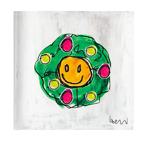 Mr. Smiley Wreath Block of Love by Kerri Rosenthal, colorful mini art encased in a 4 x 4 inch plexiglass block, styled view