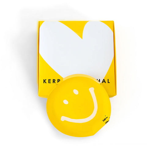 Mr. Happy yellow Rock of Love mini edition of Kerri Rosenthal's artwork. A cute, unique gift and home decor art piece for a coffee table or bookshelf.