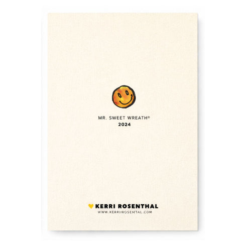 Mr. Smiley Wreath greeting card with colorful wreath artwork, back view