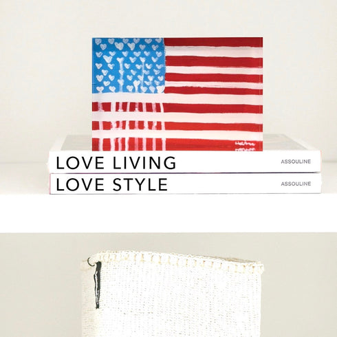 Kerri Rosenthal's My Flag Block of Love is mini art encased in 4" x 4" plexiglass and perfect for book shelf decor