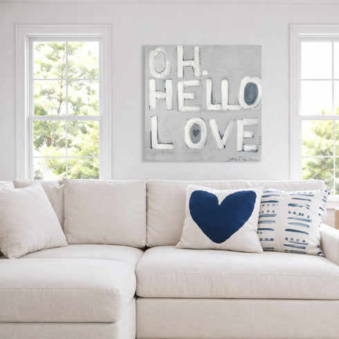 My Heart Indigo blue cute decorative throw pillows with oh hello love word wall art print by Kerri Rosenthal