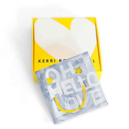 Oh Hello Smiley Block of Love by Kerri Rosenthal. Blocks of Love are signed, mini editions of Kerri Rosenthal's word artwork mounted on 3/4" plexiglass acrylic block
