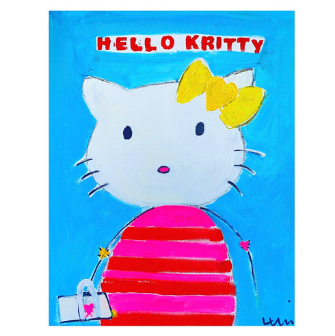 Kerri's love of Hello Kitty artwork inspired her to paint this portrait of the famous Miss Kitty, modern home decor abstract wall art.