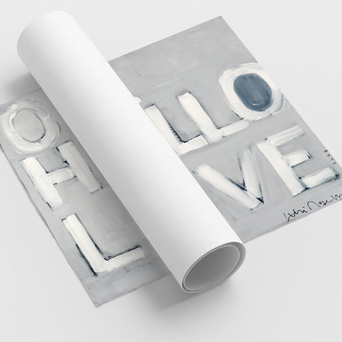Oh, Hello Love grey white word art print by Kerri Rosenthal - Unique artwork for living room wall decor