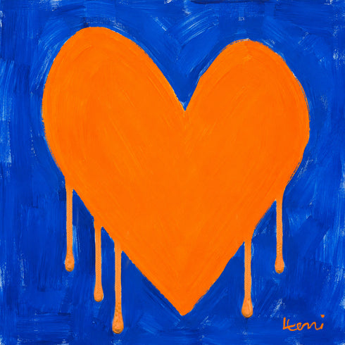 Kerri Rosenthal art print featuring a bold orange drippy heart on a cobalt blue background, signed by artist Kerri Rosenthal. NY Knicks colors.