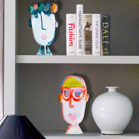 vibrant colorful face Chic In Capri Rock of Love acrylic sculpture home decor styled in bookcase