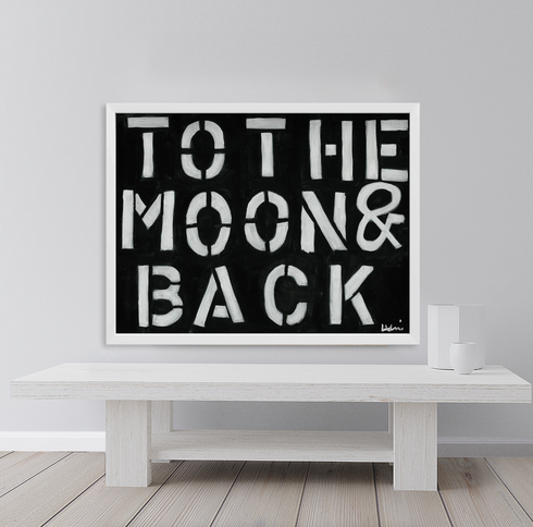To The Moon and Back black white art print wall word art framed artwork by Kerri Rosenthal - Unique artwork for living room wall decor