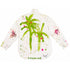 White button-down shirt hand-painted on the back with green tropical palm fronds accented with pink dots, heart outlines with palm motifs on both sleeves, and 'Sunshine' script at the hem — Kerri Rosenthal wearable art