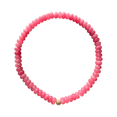 Perfect pink monochrome stone bead necklace is made of tinted jade & an 18K gold-plated bead, handmade in Switzerland.