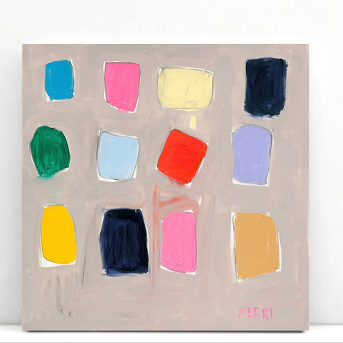 Color swatch chart with various colors on a beige background