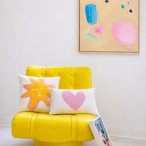 Imperfect Heart Throw Pillow - White linen with pink heart design decorative pillow. Cute throw pillows for couch. Available in rectangular lumbar or square shape. Made in USA by Kerri Rosenthal