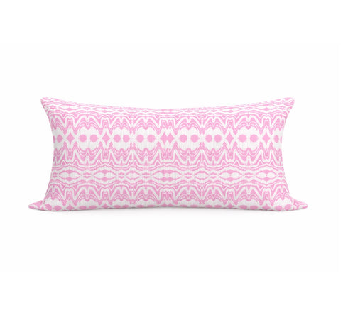 Pink and white palm ikat print decorative lumbar throw pillow in 100% linen by Kerri Rosenthal. Shop cute colorful throw pillows