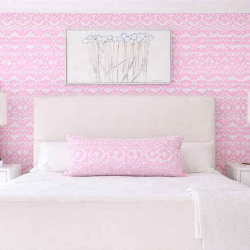 Pink and white palm ikat print long lumbar throw pillow in 100% linen for the bedroom by Kerri Rosenthal