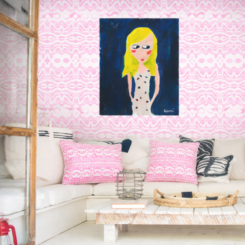 Pink and white palm ikat print sofa square throw pillows for couch in 100% linen by Kerri Rosenthal in modern living room