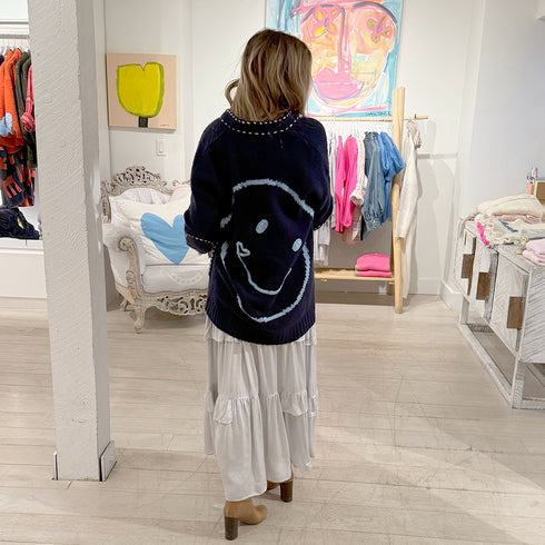 Poppy Smiley button-front indigo blue wool cashmere blend cardigan with patch pockets and oval elbow patches - Shop women’s cardigans by Kerri Rosenthal