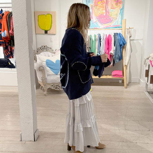 Poppy Smiley button-front indigo blue wool cashmere blend cardigan with patch pockets and oval elbow patches - Shop women’s cardigans by Kerri Rosenthal