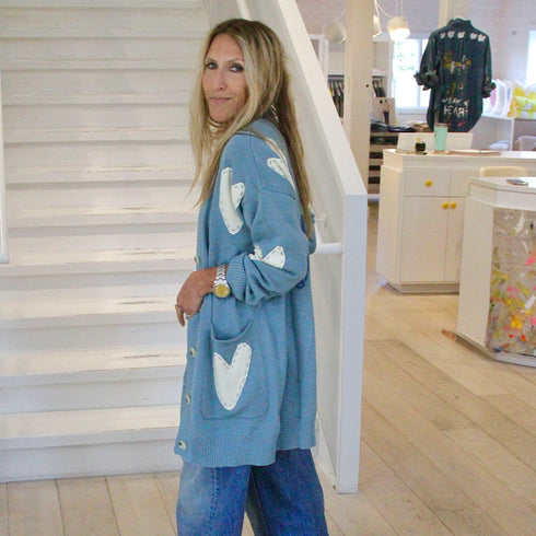 Poppy zero-waste blue long button-front cardigan in a cotton-cashmere blend with elbow heart patches - Shop women's long cardigans by Kerri Rosenthal
