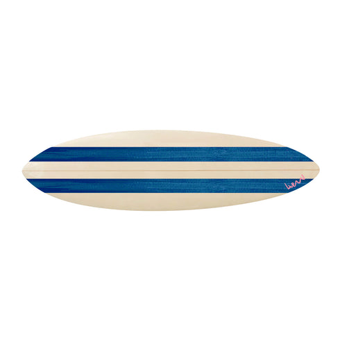 Positano Stripe — hand-painted indigo blue surfboard by Kerri Rosenthal, horizontal canvas of coastal stripes, signed by Kerri