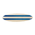 Positano Stripe — hand-painted indigo blue surfboard by Kerri Rosenthal, horizontal canvas of coastal stripes, signed by Kerri