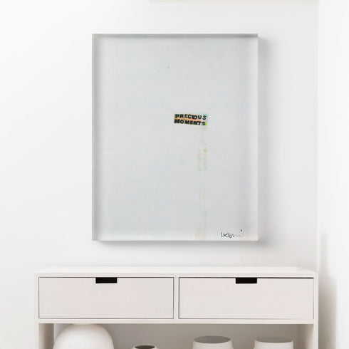 Precious Moments vertical plexi mount wall word art print white and black with touch of color for kitchens and bathrooms by Kerri Rosenthal