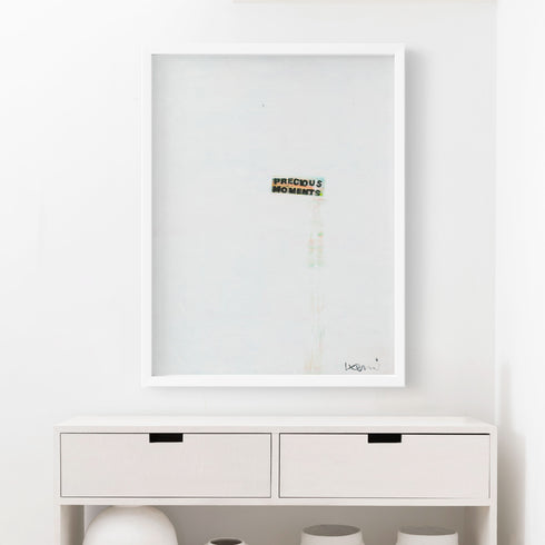 Precious Moments vertical white framed wall word art print white and black with touch of color by Kerri Rosenthal