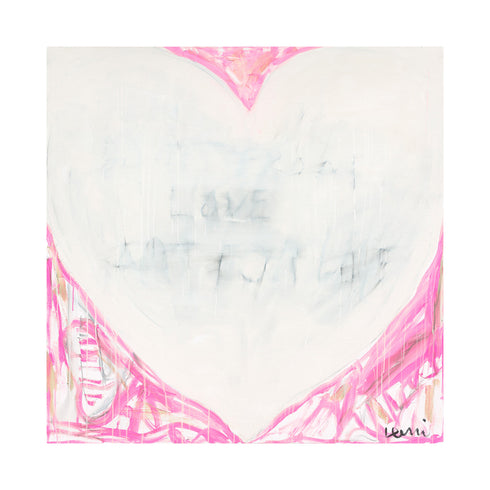 Dreamlove art print transports the viewer to dreamy thoughts with pink tones surrounding a white heart and subtle love word artwork - Perfect wall artwork by Kerri Rosenthal