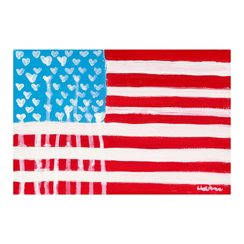 Printed American Flag painting by Kerri Rosenthal featuring her signature Drippy Hearts motif as stars