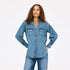 Puff-sleeve button-front blue denim shirt made from 100% cotton with double pockets and a ruffled neckline - Shop cute women’s button shirts by Kerri Rosenthal
