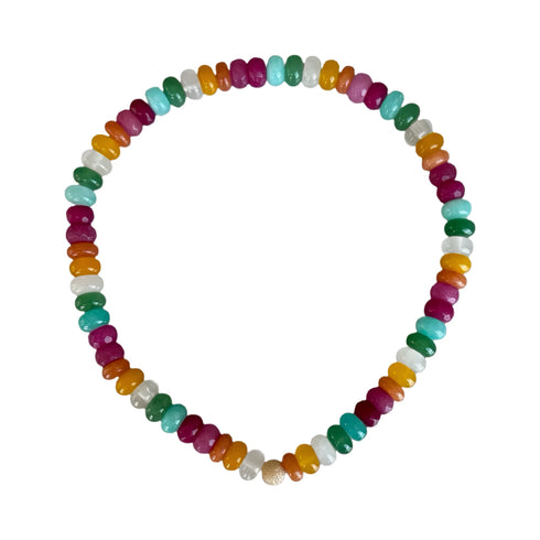 Rainbow drop till you drop multicolor necklace made from smooth semi-precious stones - Jade, quartz, aventurine with an 18K gold bead and handmade in Switzerland