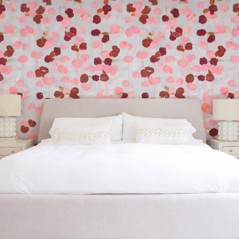 Raining Sun dusty pink wallpaper made on pearlescent-coated ground by Kerri Rosenthal in bedroom decor