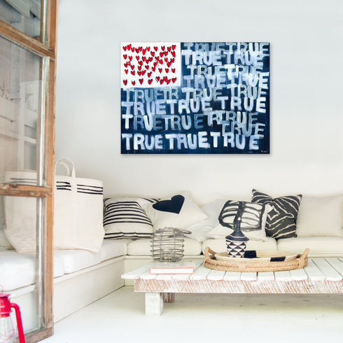 Red, White + True Flag indigo blue word art print by Kerri Rosenthal - Unique artwork for living room wall decor