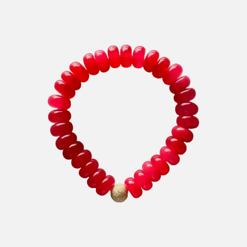 Red Monochrome Bracelet Seally Mimi, made from smooth semi-precious stones, tinted jade with a 14K gold bead. Handmade in Switzerland