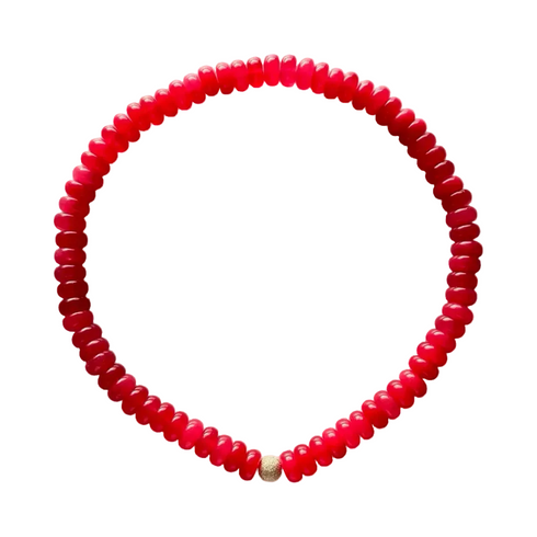Red monochrome stone semi-precious bead necklace is made from tinted quartz & an 18K gold-plated bead. Handmade in Switzerland.