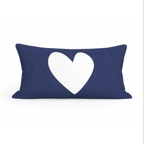 Reversed white heart on navy blue throw pillow from the Kerri Rosenthal - lumbar decorative pillow