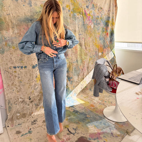 Robbie mid-rise 100% cotton blue jeans with a relaxed fit, easy flare, and a cropped length for that effortless look - Shop cute women’s jeans made in the USA